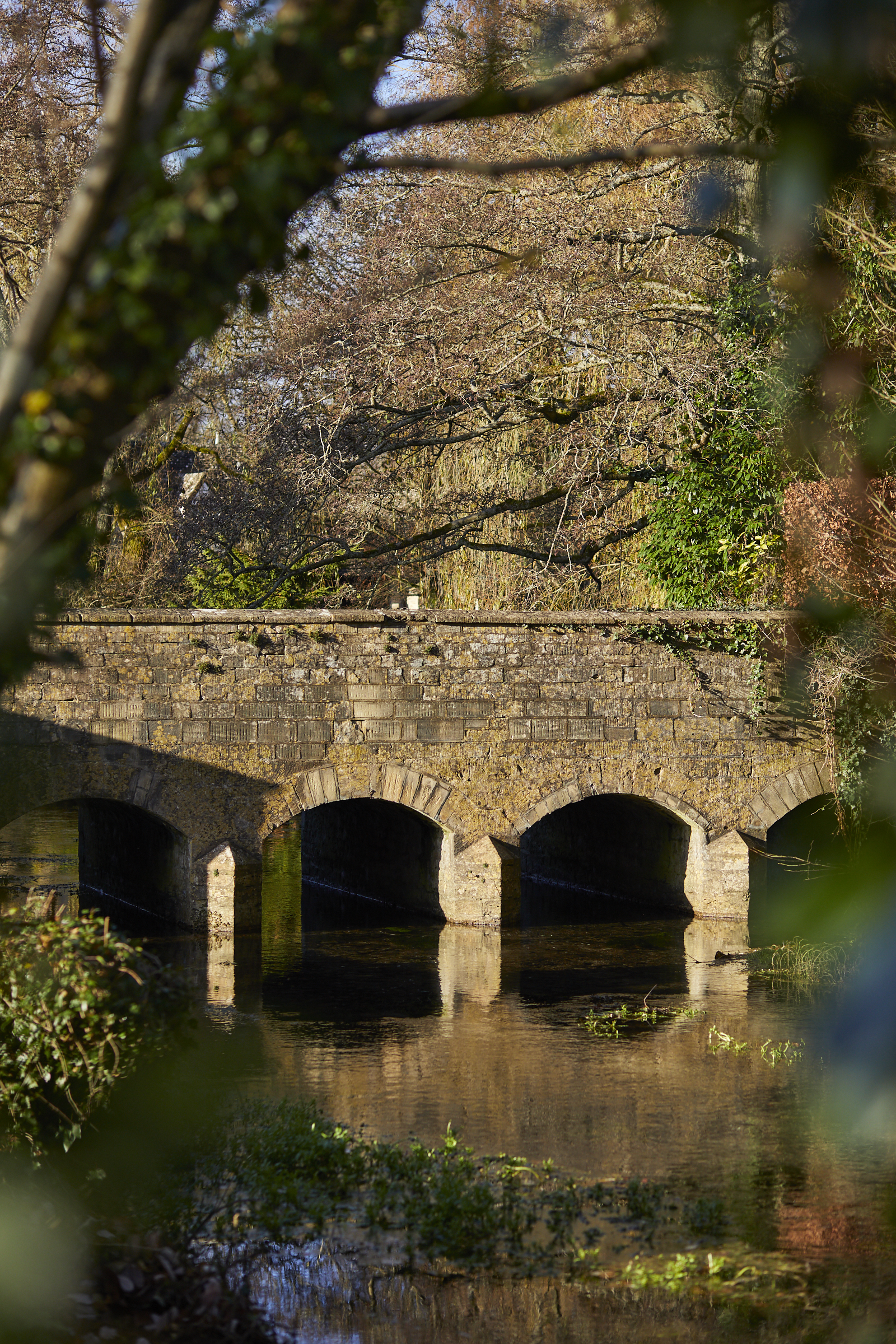 Stone bridge with multiple arches spans a calm river, surrounded by lush greenery and trees on a clear, sunny day. - Wild Thyme & Honey Hotel in the Cotswolds