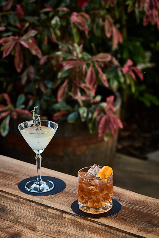 A martini glass with a garnished drink and a tumbler with an orange peel cocktail on a wooden table, plants in background. - Wild Thyme & Honey Hotel in the Cotswolds