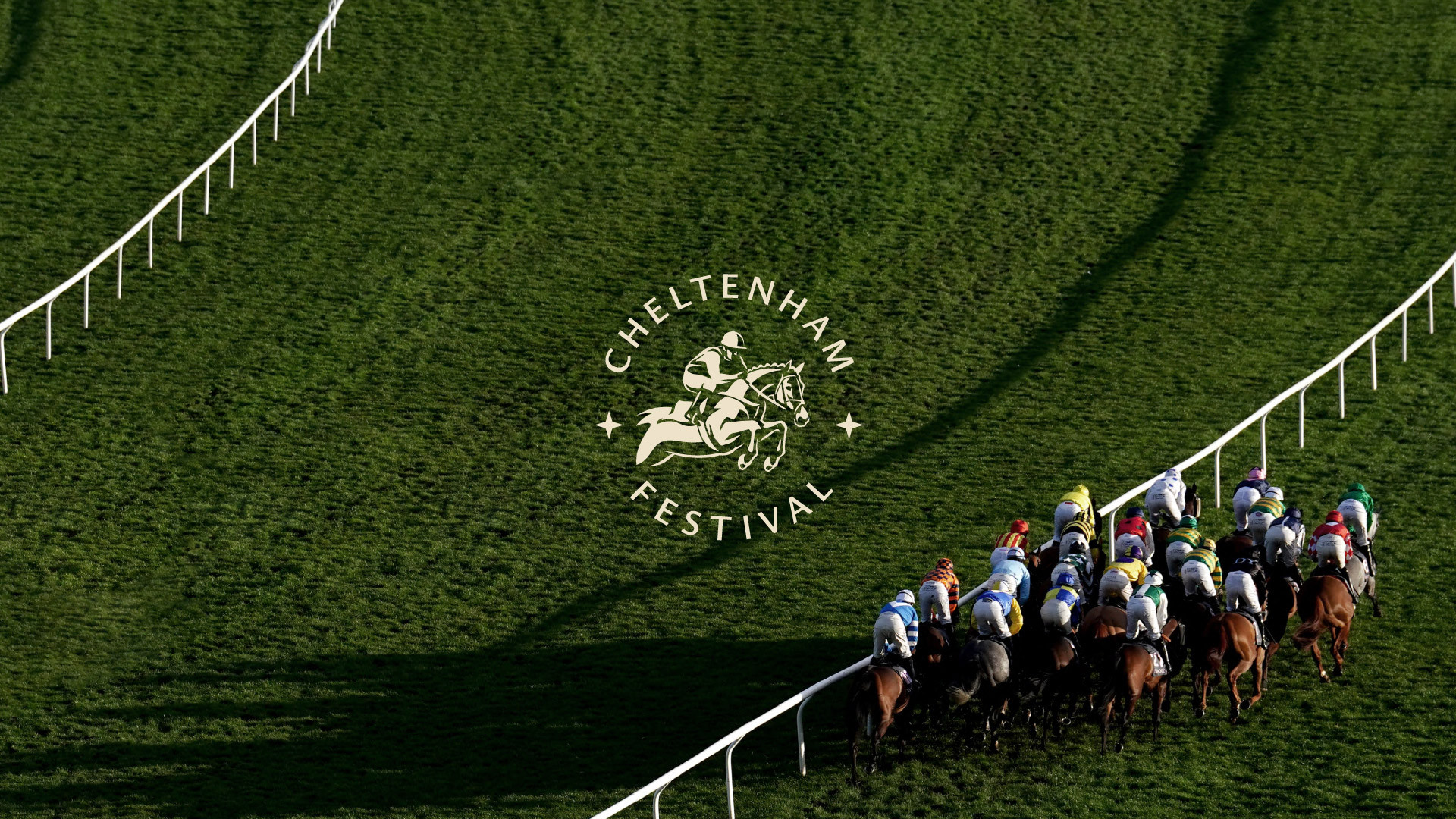 Aerial view of horse race at Cheltenham Festival, with jockeys in colorful gear racing along a curved green turf track. - Wild Thyme & Honey Hotel in the Cotswolds