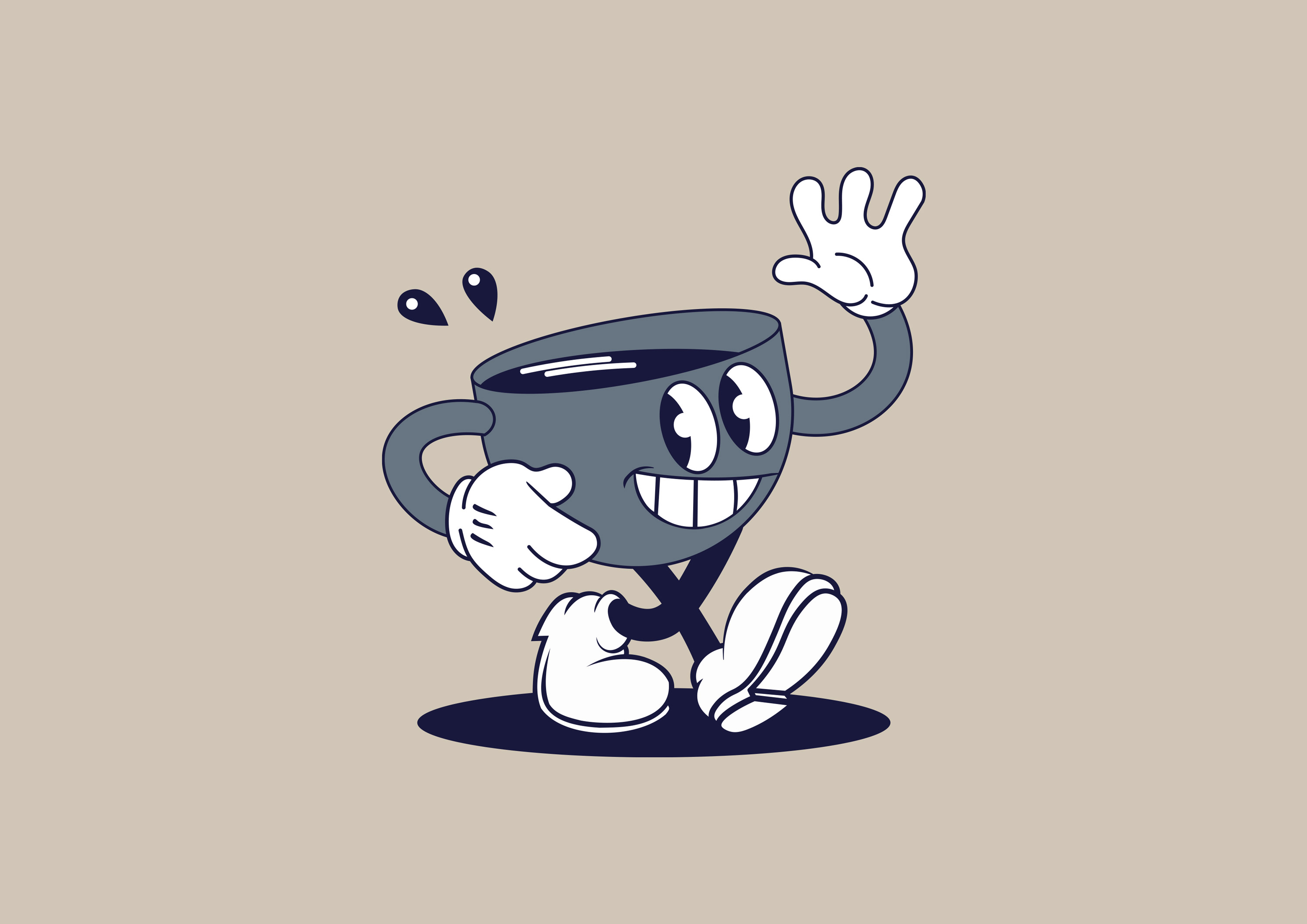 Cartoon cup with arms and legs, big eyes, and a smile, waving with one hand, wearing gloves and shoes, on a beige background. - Wild Thyme & Honey Hotel in the Cotswolds