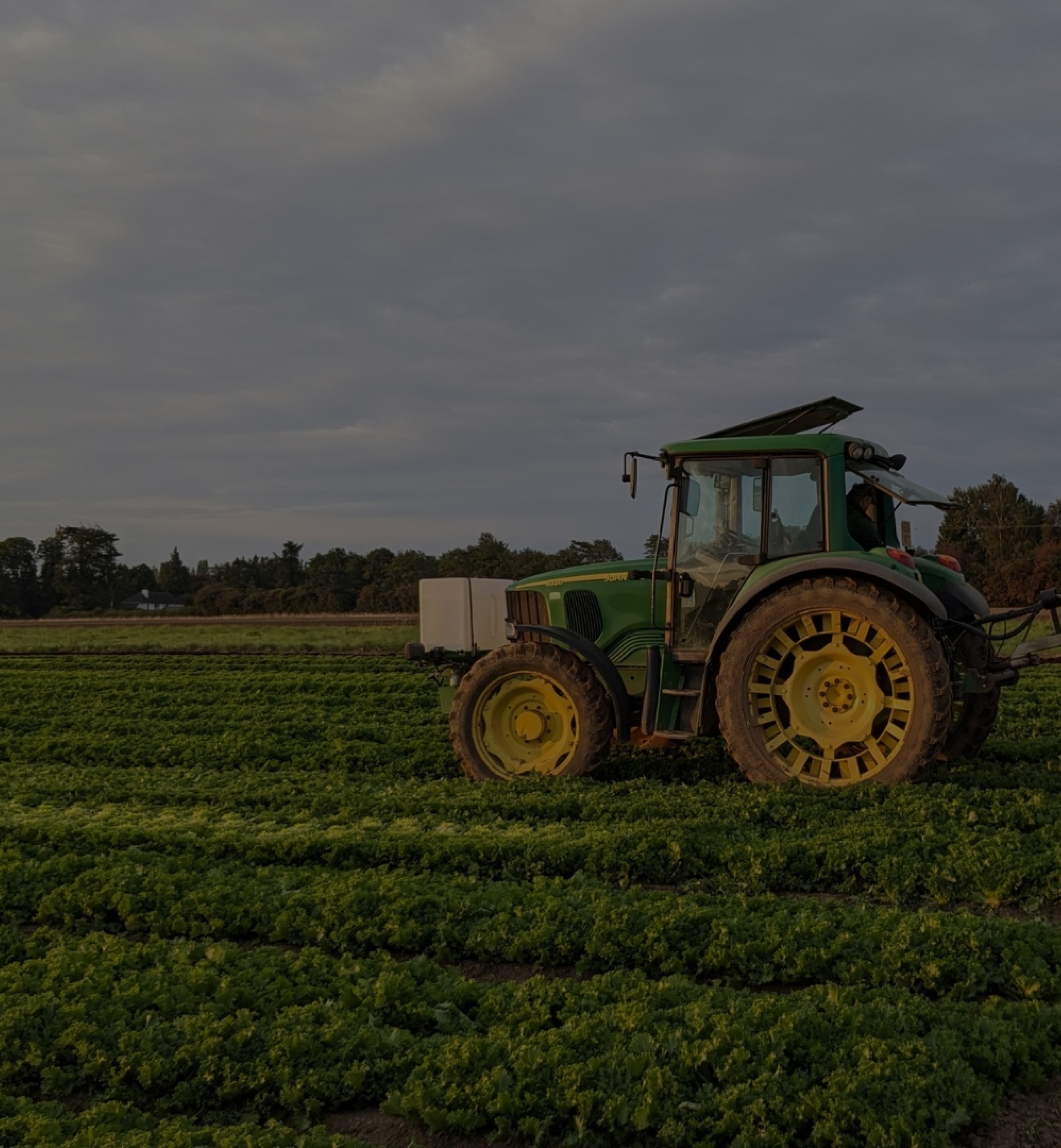 A green tractor on a lush field at sunset, under a cloudy sky. - Wild Thyme & Honey Hotel in the Cotswolds