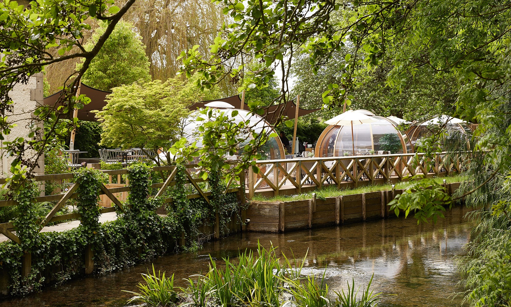 Clear domes with tables beside a wooden fence along a scenic stream, surrounded by lush greenery and trees. - Wild Thyme & Honey Hotel in the Cotswolds